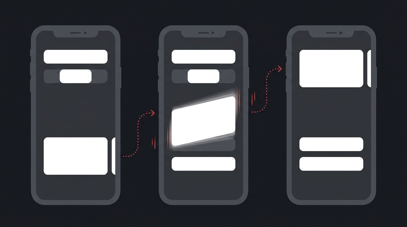 Illustration of UI animation evaluation showing three phone screens with a card element transitioning positions.
