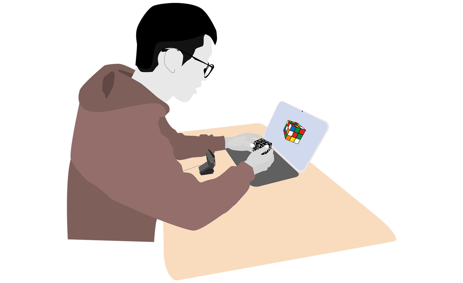 A student is learning to solve the Rubik's Cube using Rubikon, an intelligent tutoring system for Rubik’s Cube learning. It is supported by an ArUco marker AR setup that enables physical task reconfiguration.
