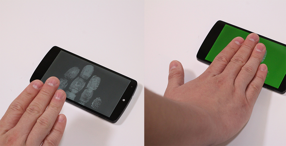 Using CapAuth, a user can place their hand on a smartphone touchscreen for authentication. Left: initial state of CapAuth showing a handprint guide with grey background. Right: user touching the touchscreen and successfully authenticated, showing a green background.