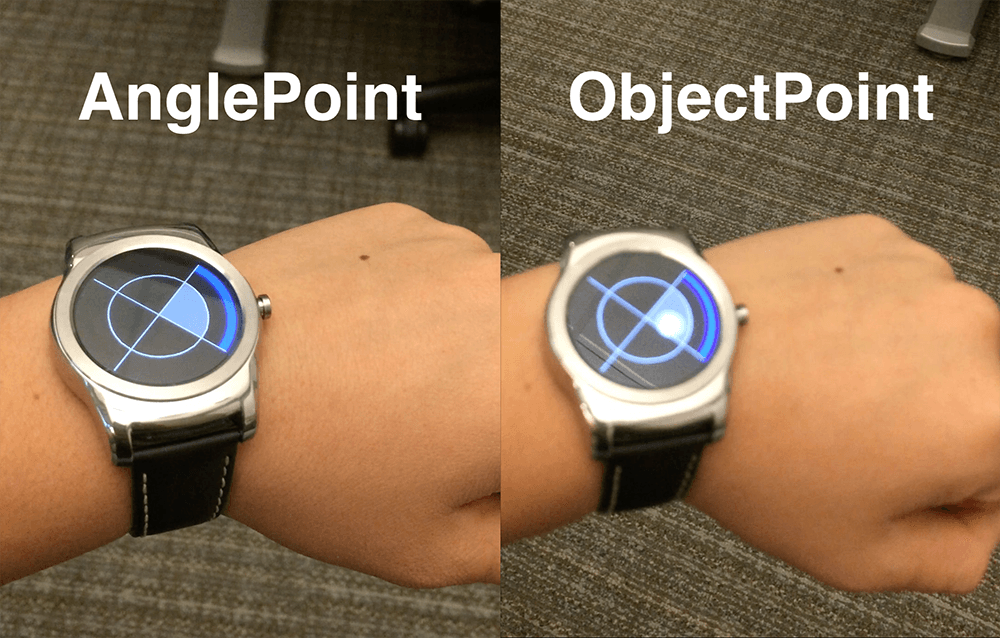 Two tilt-based interaction techniques for enabling no-touch, wrist-only interactions on smartwatches. Left: AnglePoint, which directly maps the position of a virtual pointer to the tilt angle of the smartwatch. Right: ObjectPoint, which objectifies the underlying virtual pointer as an object imbued with a physics model.