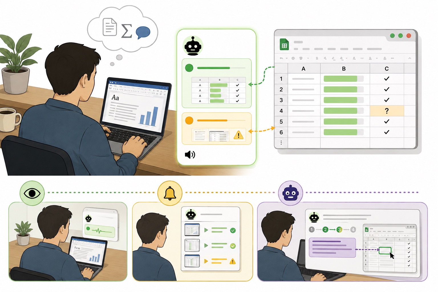 Sidekick supports multitasking with computer-use agents by providing peripheral awareness of agent progress and signaling when user attention or intervention is needed.