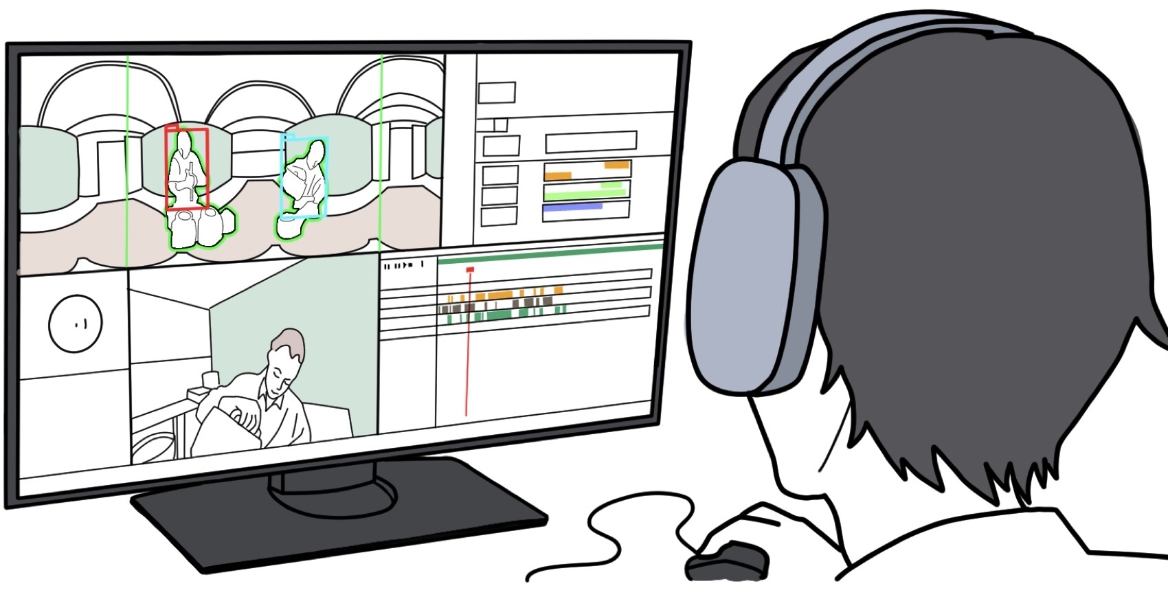 An illustration of someone watching a 360 degree video and labeling segments to create an audio description track